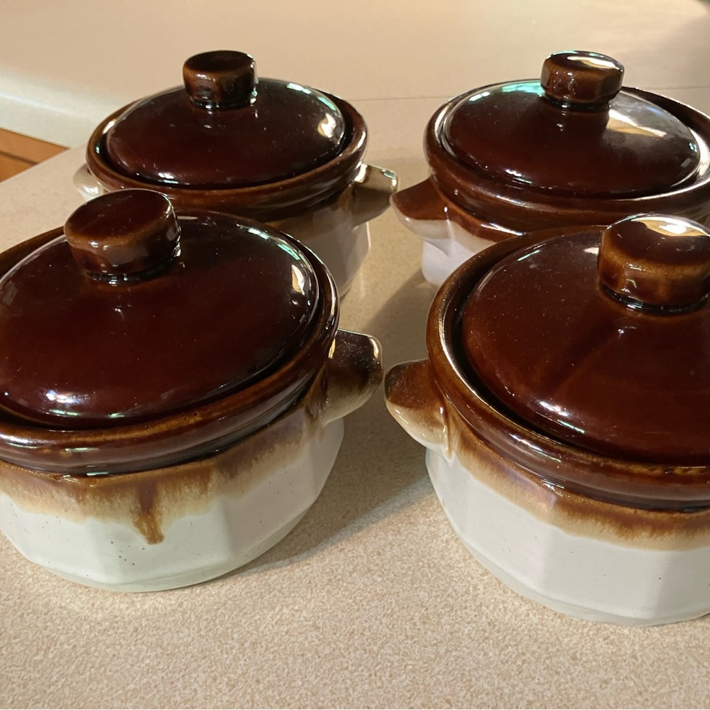 Four Vintage Lidded Bean/Soup/Onion Crock Type Bowls